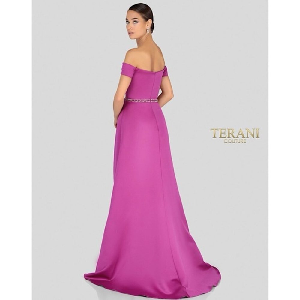 NEW Glamour Terani Couture Pink Fuchsia Off The Shoulder Beaded Gown Dress Prom - Picture 13 of 14